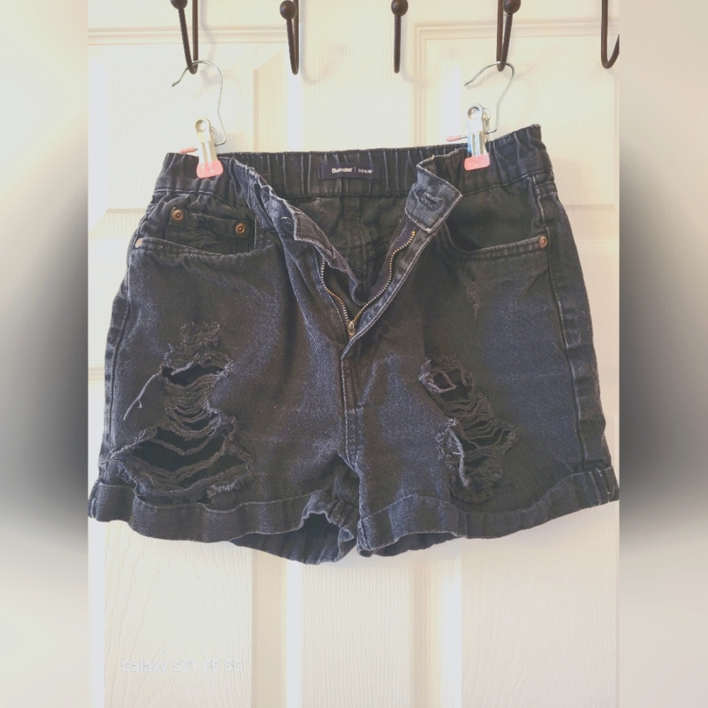 Distressed Black Denim Shorts